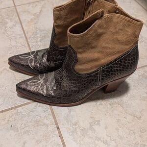 Donald J. Pliner Two-Tone Brown Suede & Leather Embossed Ankle Booties